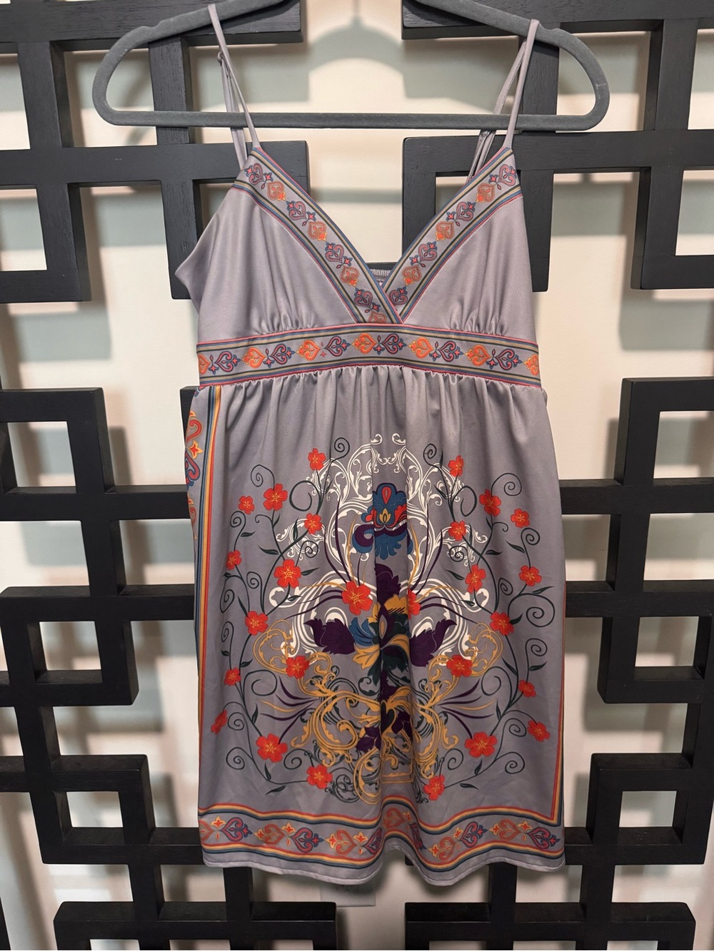 Gray Floral Embroidered V-Neck Spaghetti Strap Dress